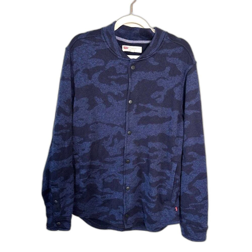 Levi’s Mens Large Blue Camo Snap Front Knit Bomber Jacket Sweater Fleece L